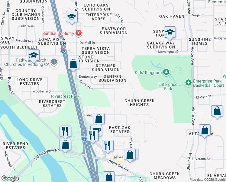 map of restaurants, bars, coffee shops, grocery stores, and more near 4310 Cynthia Way in Redding