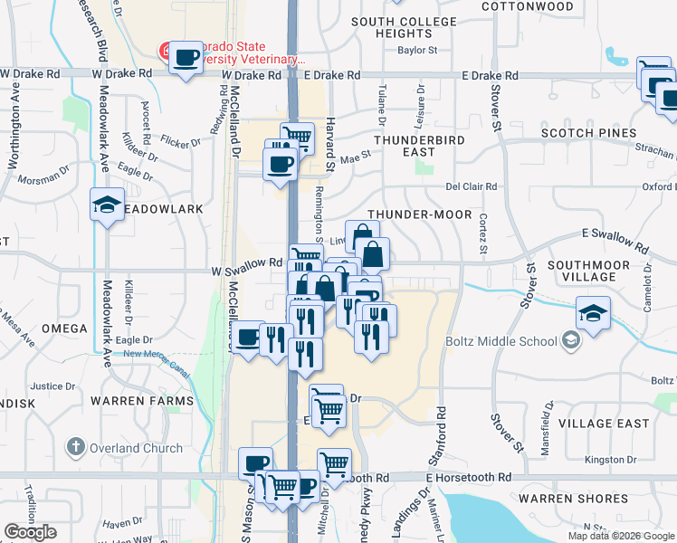map of restaurants, bars, coffee shops, grocery stores, and more near 3120 Remington Street in Fort Collins