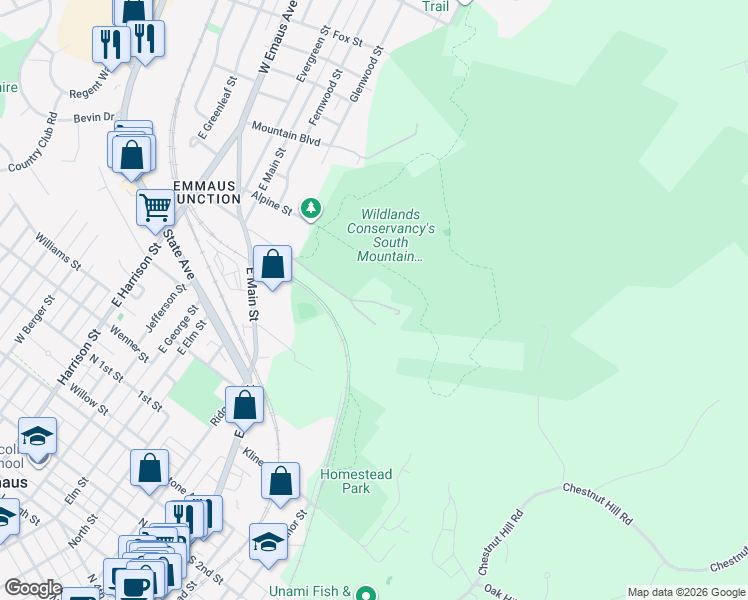 map of restaurants, bars, coffee shops, grocery stores, and more near 530-534 Wieders Lane in Emmaus