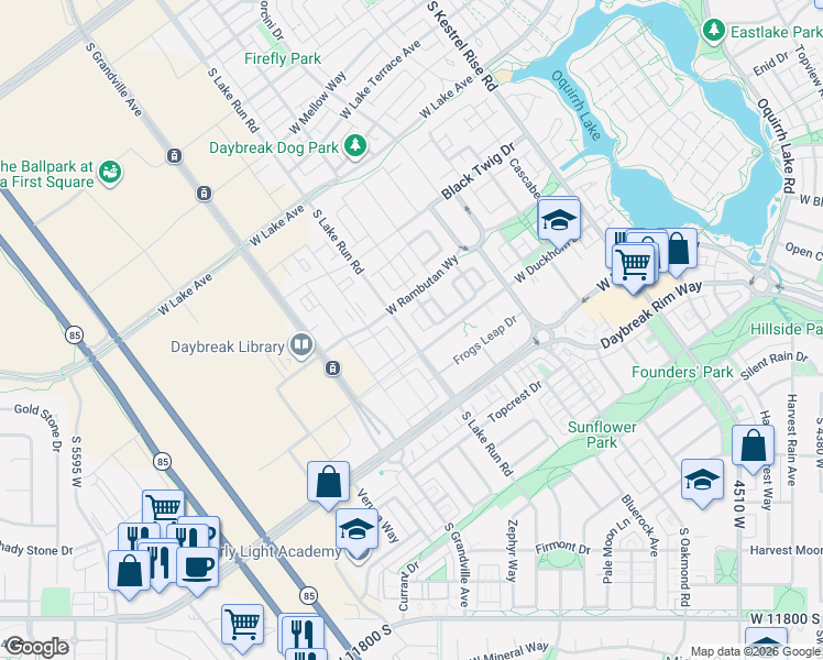 map of restaurants, bars, coffee shops, grocery stores, and more near 11337 South Lake Run Road in South Jordan