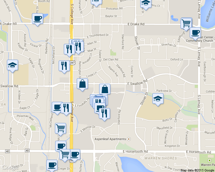 map of restaurants, bars, coffee shops, grocery stores, and more near 318 East Foothills Parkway in Fort Collins