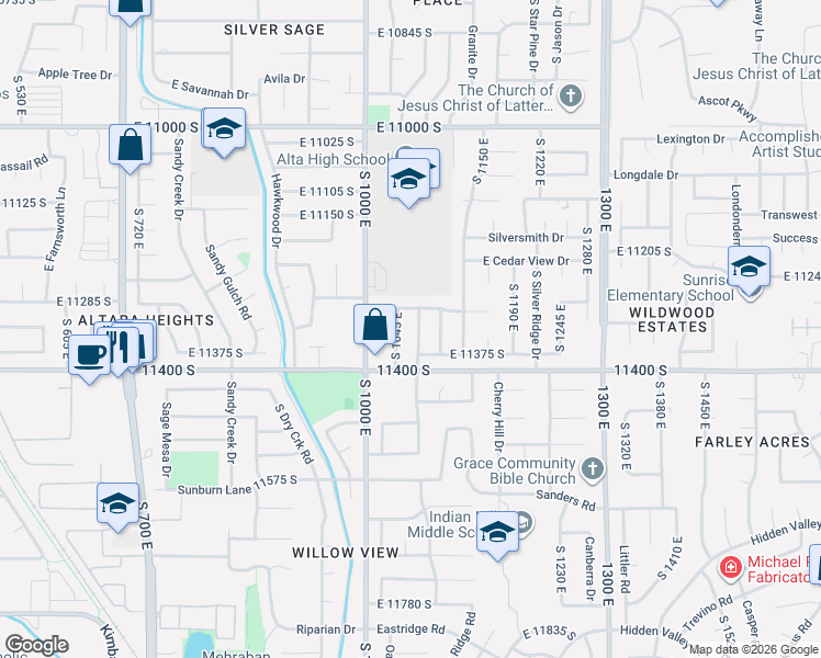 map of restaurants, bars, coffee shops, grocery stores, and more near 11358 South Alondra Way in Sandy
