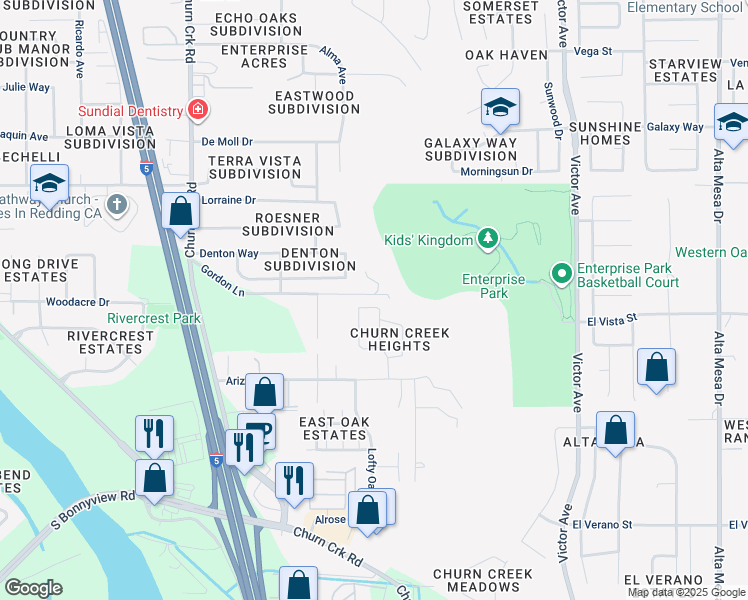 map of restaurants, bars, coffee shops, grocery stores, and more near 4299 Starthmore Drive in Redding