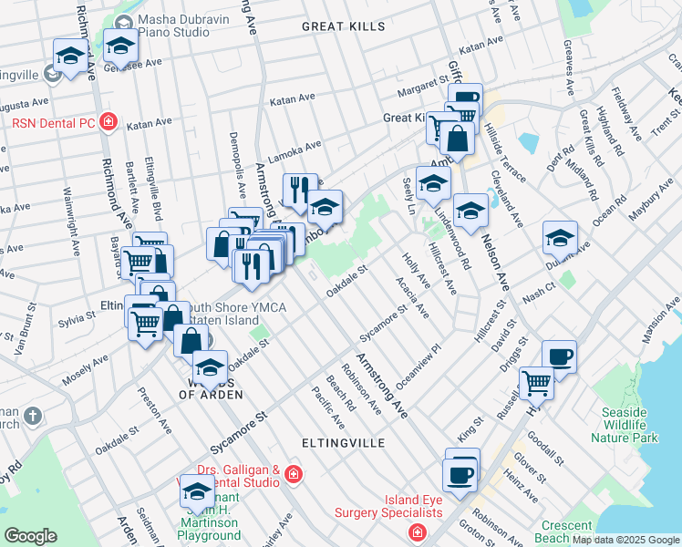 map of restaurants, bars, coffee shops, grocery stores, and more near 159 Oakdale Street in Staten Island