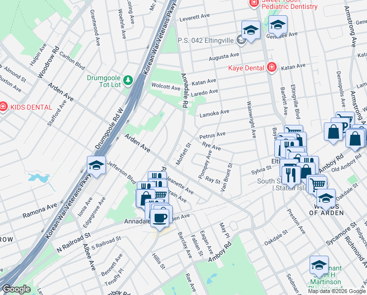 map of restaurants, bars, coffee shops, grocery stores, and more near 76 Moffett Street in Staten Island
