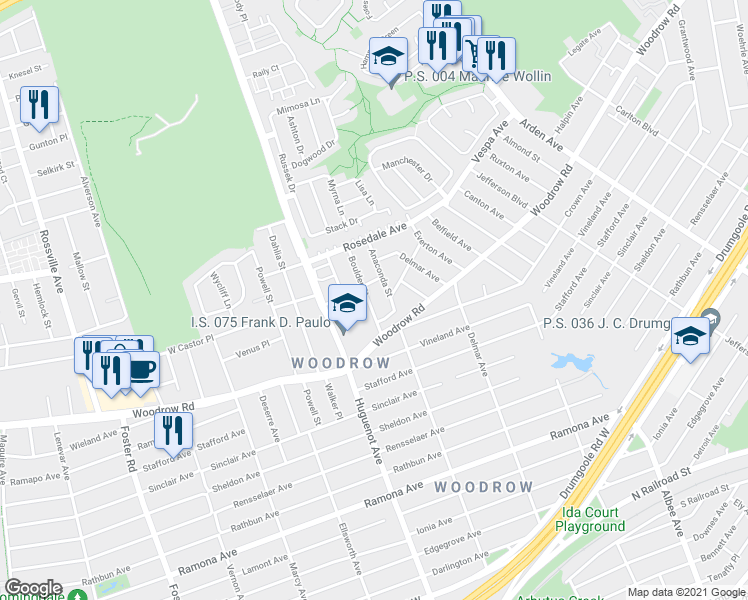 map of restaurants, bars, coffee shops, grocery stores, and more near 41 Boulder Street in Staten Island