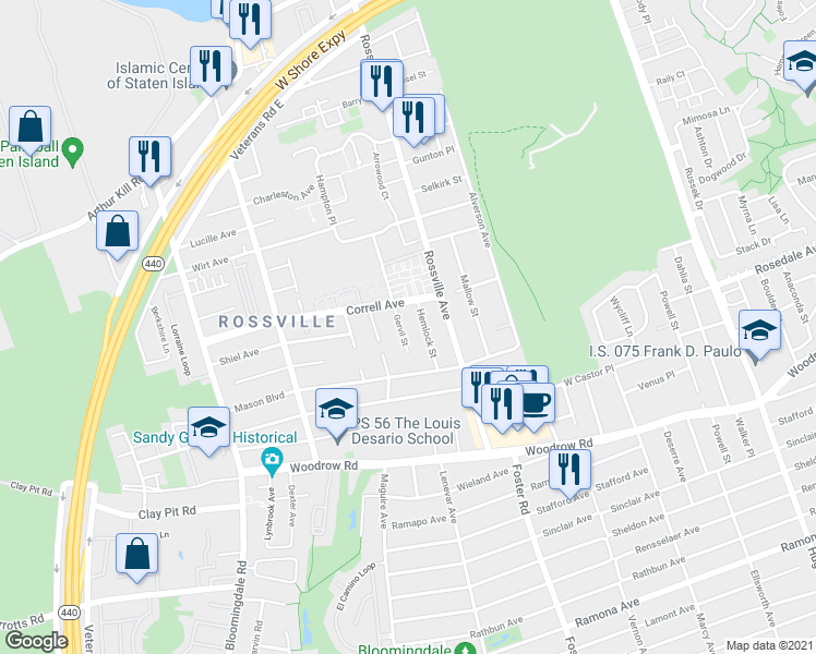 map of restaurants, bars, coffee shops, grocery stores, and more near 235 Gervil Street in Staten Island
