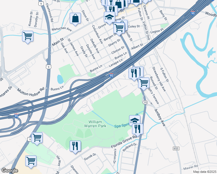 map of restaurants, bars, coffee shops, grocery stores, and more near 423 Cricket Lane in Woodbridge Township