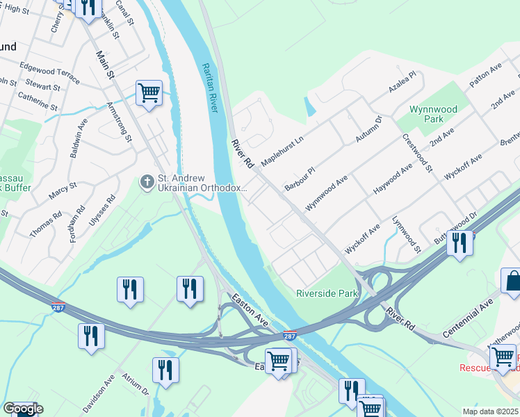 map of restaurants, bars, coffee shops, grocery stores, and more near 280 River Road in Piscataway