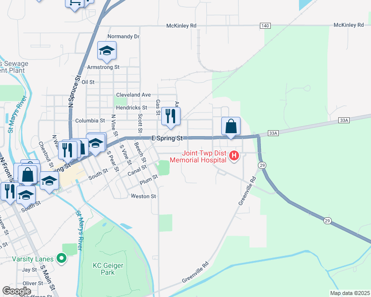map of restaurants, bars, coffee shops, grocery stores, and more near 975 Hager Street in St. Marys