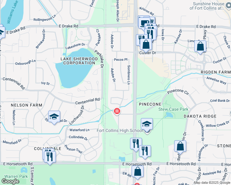 map of restaurants, bars, coffee shops, grocery stores, and more near 1925 Sonora Street in Fort Collins