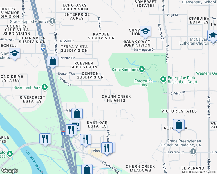 map of restaurants, bars, coffee shops, grocery stores, and more near 4299 Starthmore Drive in Redding