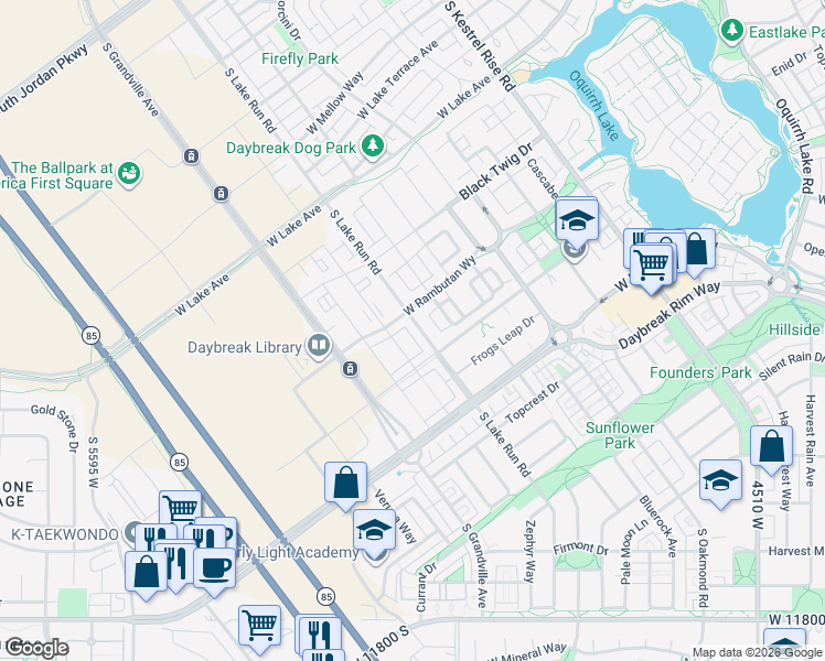 map of restaurants, bars, coffee shops, grocery stores, and more near 11326 South Lake Run Road in South Jordan