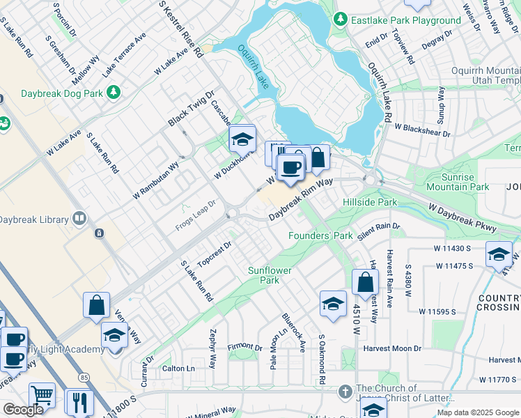 map of restaurants, bars, coffee shops, grocery stores, and more near 4781 Daybreak Rim Way in South Jordan