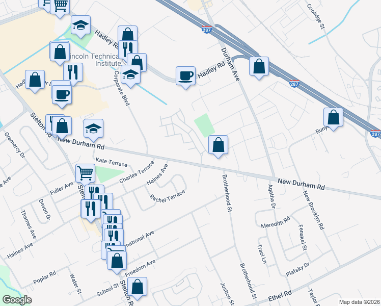 map of restaurants, bars, coffee shops, grocery stores, and more near 1626 New Durham Road in South Plainfield