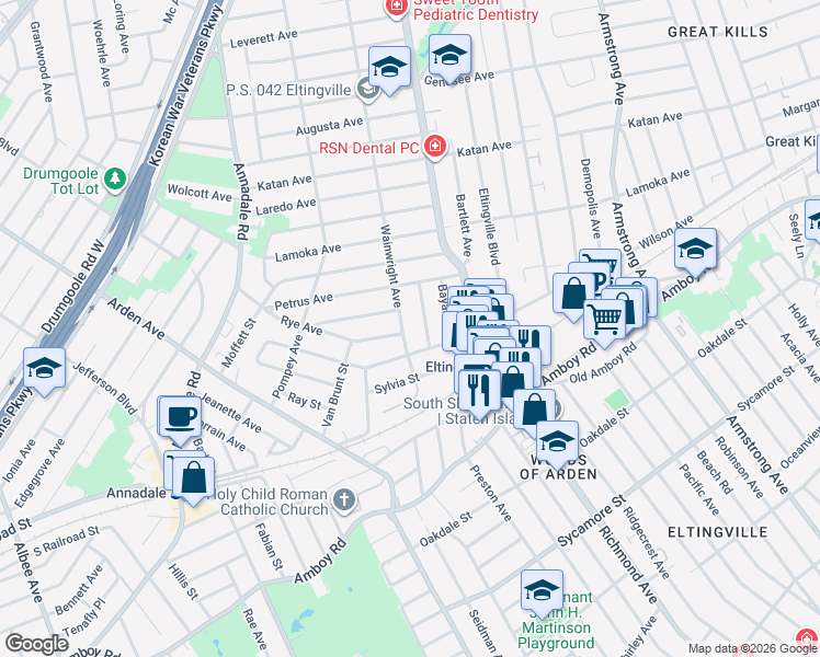 map of restaurants, bars, coffee shops, grocery stores, and more near 10 Rye Avenue in Staten Island