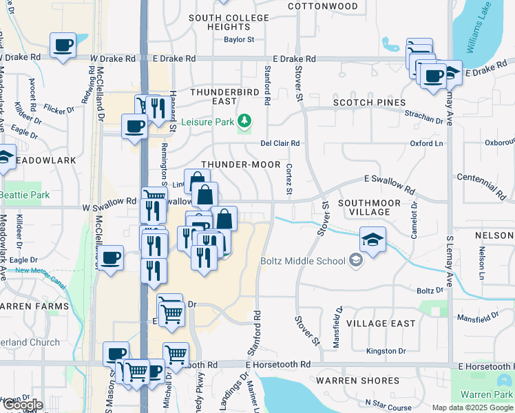 map of restaurants, bars, coffee shops, grocery stores, and more near 415 East Swallow Road in Fort Collins