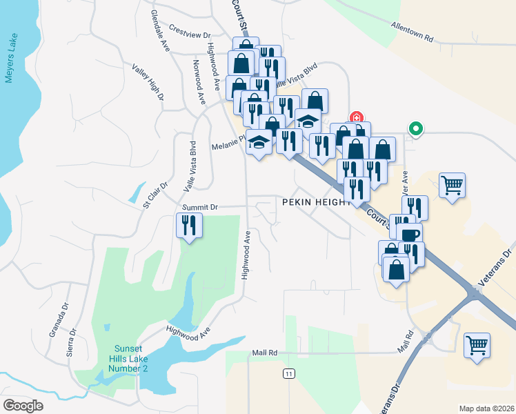 map of restaurants, bars, coffee shops, grocery stores, and more near 1800 Vienna Court in Pekin
