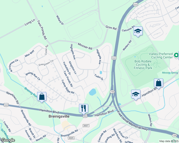 map of restaurants, bars, coffee shops, grocery stores, and more near 1230 Yorkshire Drive in Breinigsville
