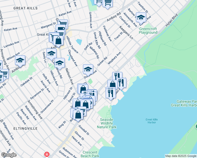 map of restaurants, bars, coffee shops, grocery stores, and more near 63 Whitman Avenue in Staten Island