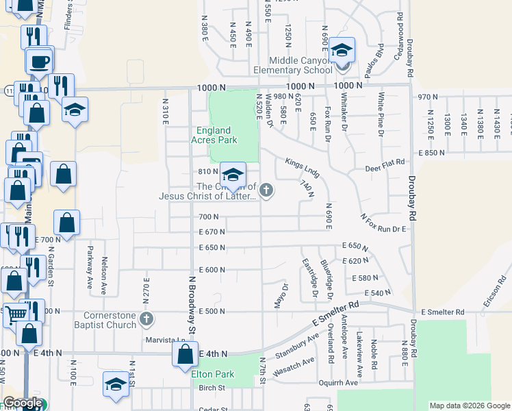 map of restaurants, bars, coffee shops, grocery stores, and more near 518 East 740 North in Tooele
