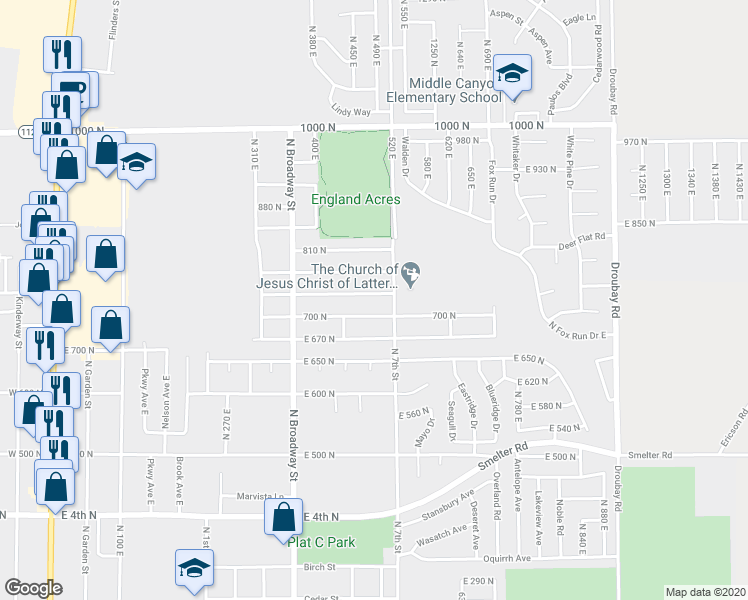 map of restaurants, bars, coffee shops, grocery stores, and more near 494 East 740 North in Tooele