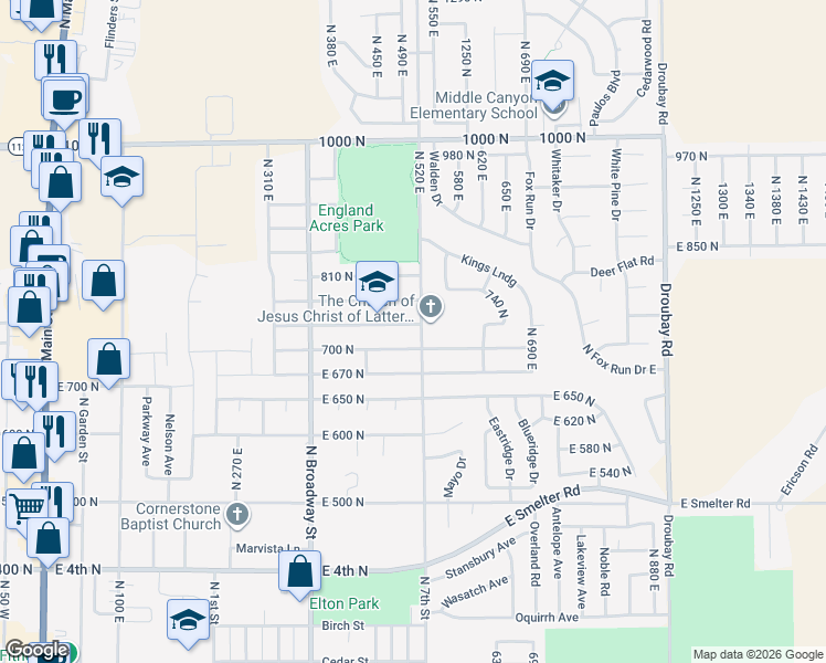 map of restaurants, bars, coffee shops, grocery stores, and more near 518 East 740 North in Tooele