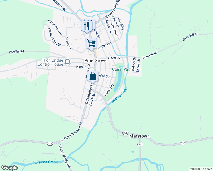 map of restaurants, bars, coffee shops, grocery stores, and more near 25 Maple Street in Pine Grove