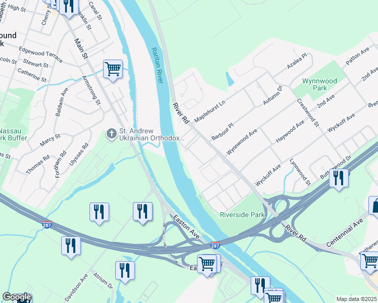 map of restaurants, bars, coffee shops, grocery stores, and more near 280 River Road in Piscataway