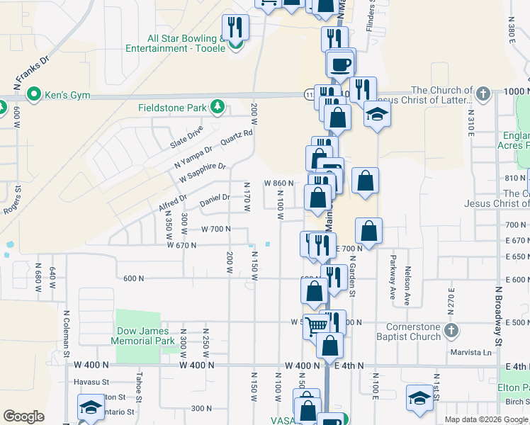 map of restaurants, bars, coffee shops, grocery stores, and more near 135 West 780 North in Tooele