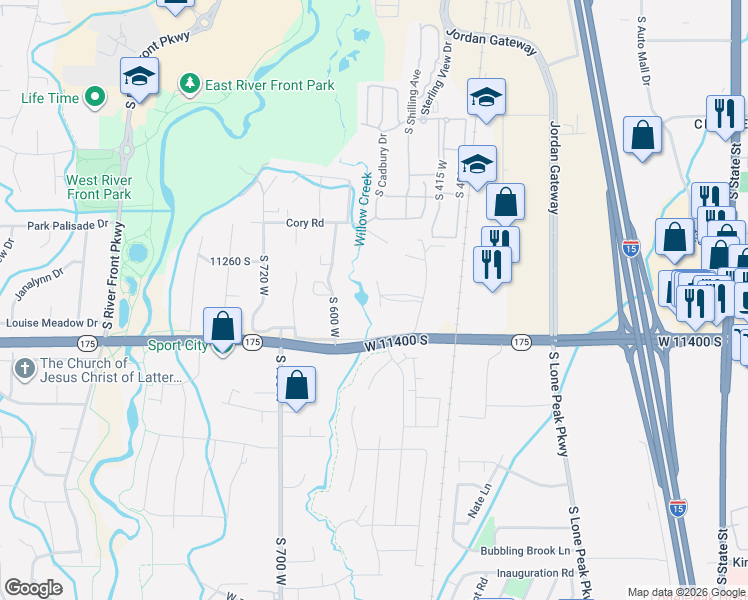 map of restaurants, bars, coffee shops, grocery stores, and more near 548 West 11400 South in South Jordan