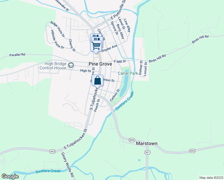 map of restaurants, bars, coffee shops, grocery stores, and more near 25 Maple Street in Pine Grove