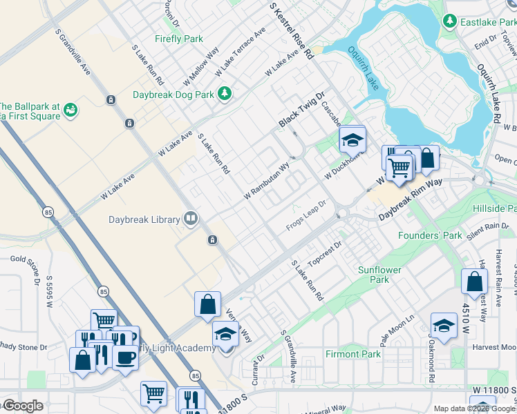 map of restaurants, bars, coffee shops, grocery stores, and more near 11362 Lake Run Road in South Jordan
