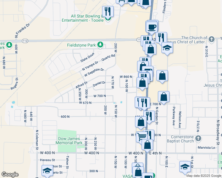 map of restaurants, bars, coffee shops, grocery stores, and more near 182 West 700 North in Tooele