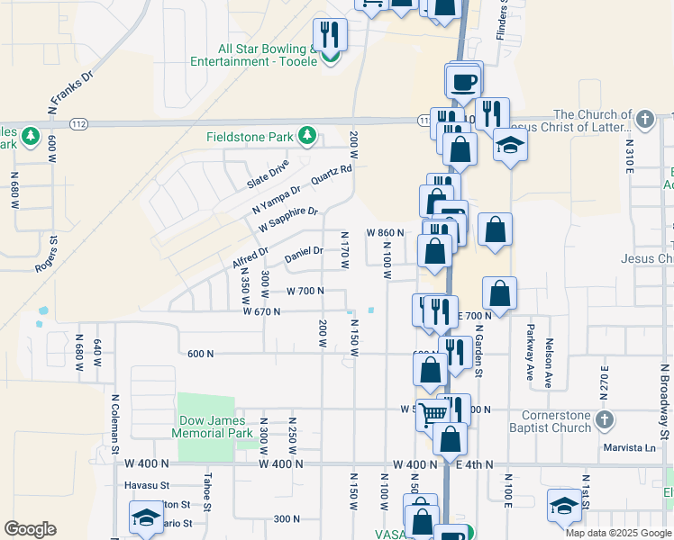 map of restaurants, bars, coffee shops, grocery stores, and more near 182 West 700 North in Tooele