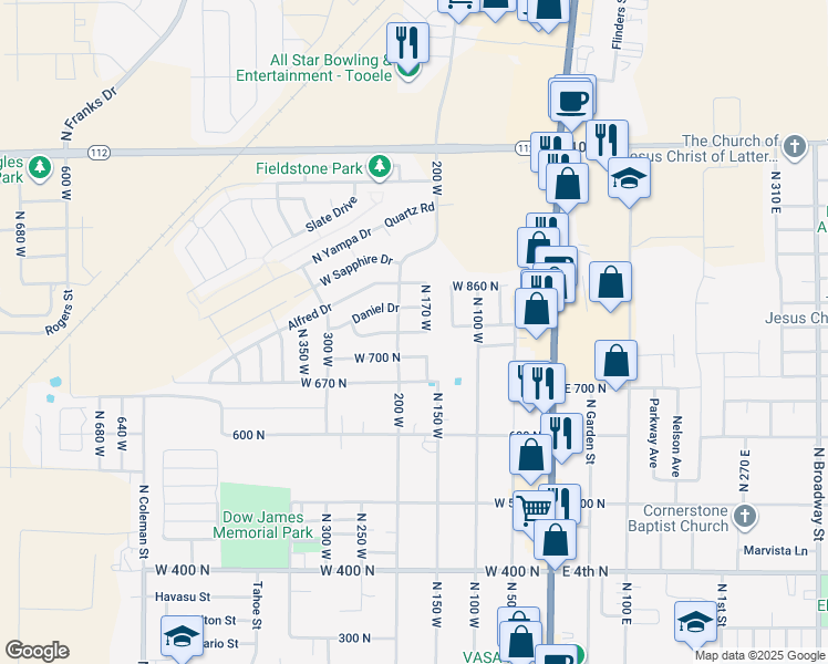 map of restaurants, bars, coffee shops, grocery stores, and more near 182 West 700 North in Tooele