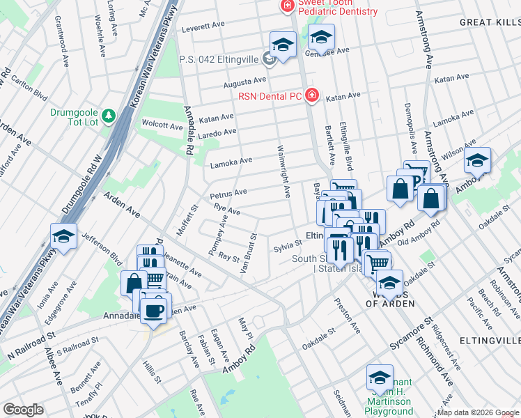 map of restaurants, bars, coffee shops, grocery stores, and more near 46 Rye Avenue in Staten Island