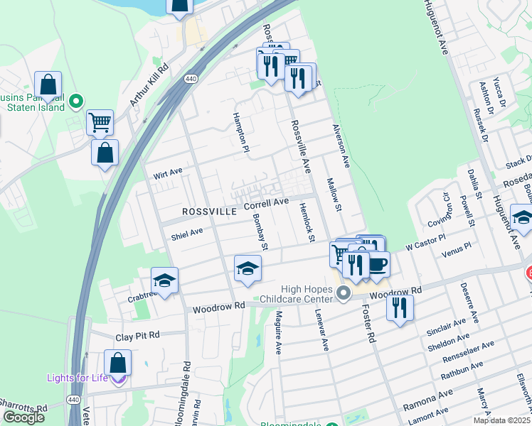 map of restaurants, bars, coffee shops, grocery stores, and more near 742 Maguire Avenue in Staten Island
