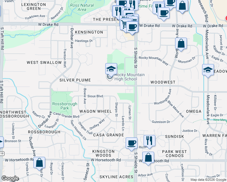 map of restaurants, bars, coffee shops, grocery stores, and more near 1303 West Swallow Road in Fort Collins