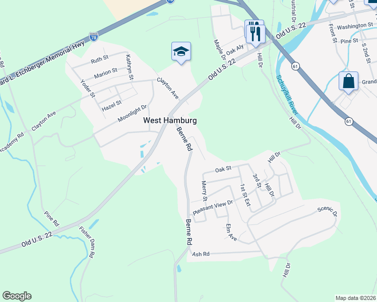 map of restaurants, bars, coffee shops, grocery stores, and more near 46 Berne Road in Hamburg