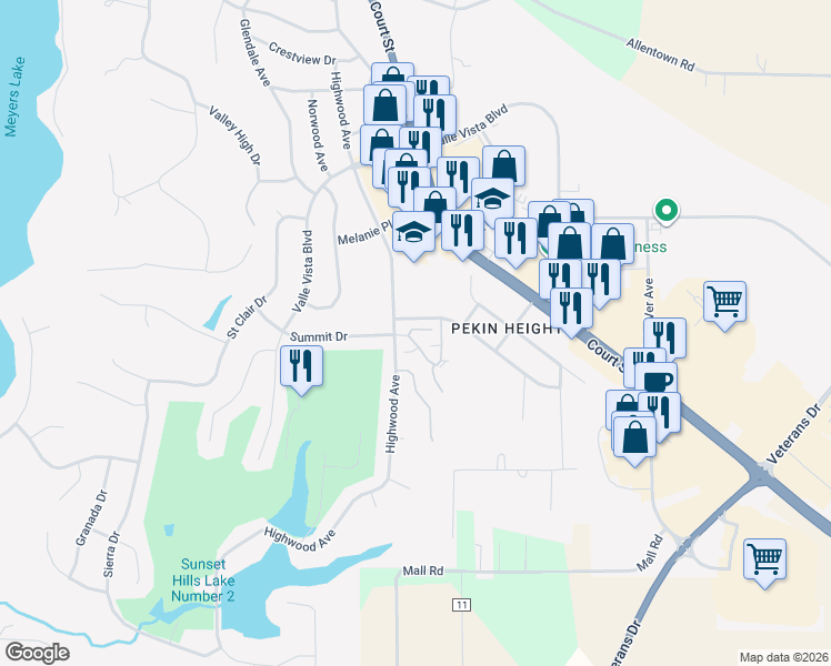map of restaurants, bars, coffee shops, grocery stores, and more near 1800 Vienna Court in Pekin