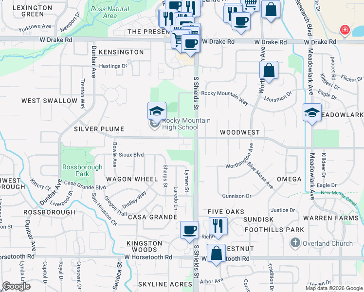 map of restaurants, bars, coffee shops, grocery stores, and more near 1118 Nez Perce Way in Fort Collins