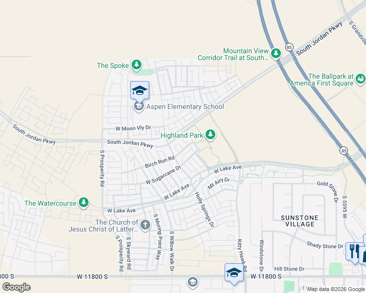map of restaurants, bars, coffee shops, grocery stores, and more near 6204 Birch Run Road in South Jordan