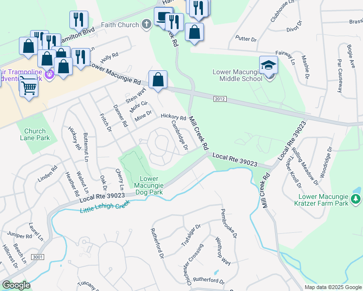 map of restaurants, bars, coffee shops, grocery stores, and more near 1572 Cambridge Drive in Macungie