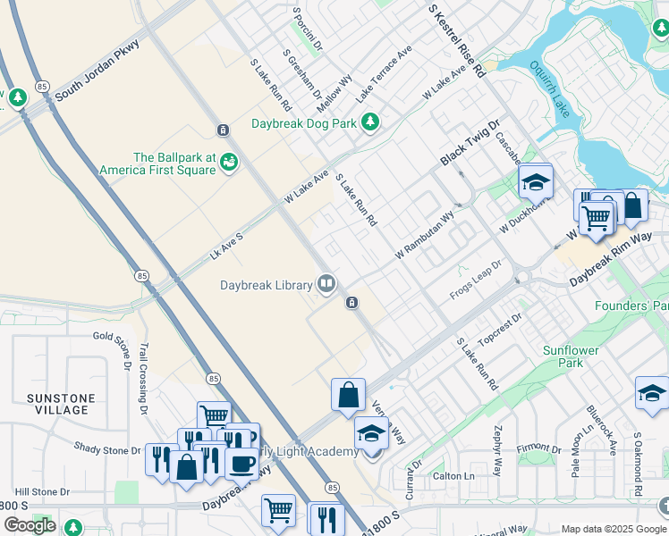 map of restaurants, bars, coffee shops, grocery stores, and more near 5000 Myers Lane in South Jordan