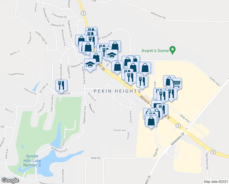 map of restaurants, bars, coffee shops, grocery stores, and more near 210 Orr Avenue in Pekin