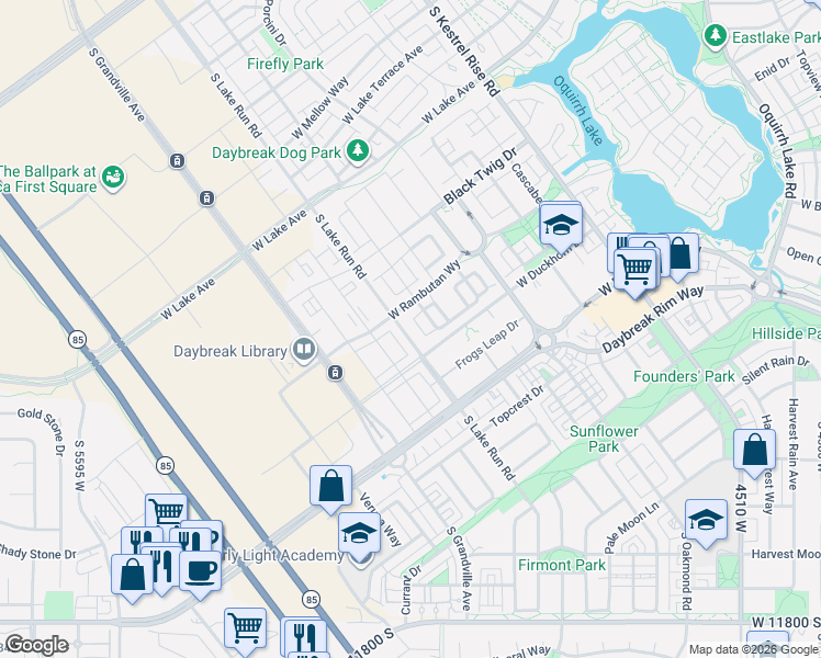 map of restaurants, bars, coffee shops, grocery stores, and more near 11323 South Lake Run Road in South Jordan