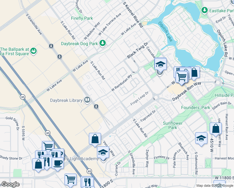 map of restaurants, bars, coffee shops, grocery stores, and more near 11362 Lake Run Road in South Jordan