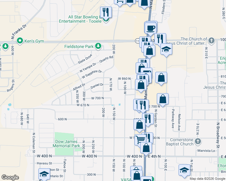 map of restaurants, bars, coffee shops, grocery stores, and more near 734 North 170 West in Tooele