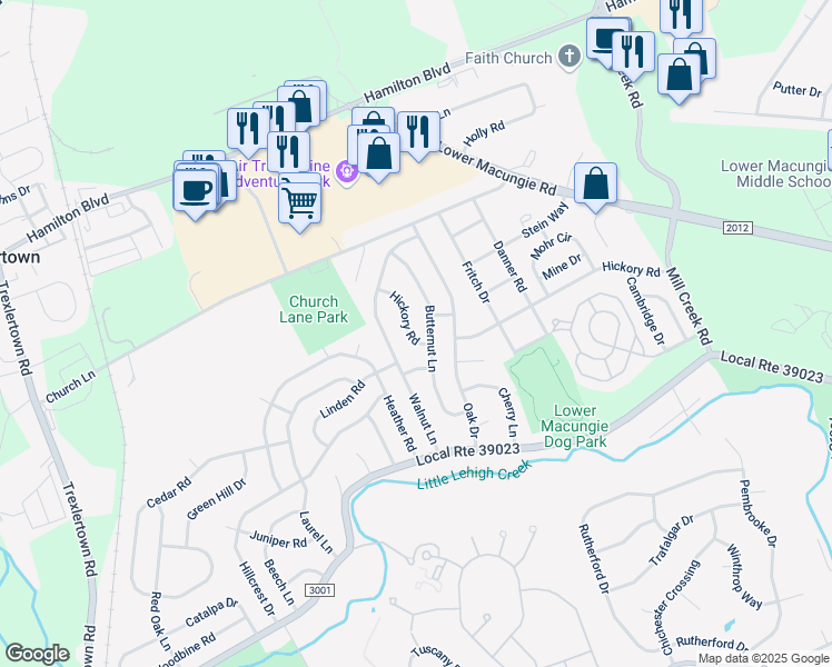 map of restaurants, bars, coffee shops, grocery stores, and more near 1400 Hickory Road in Macungie